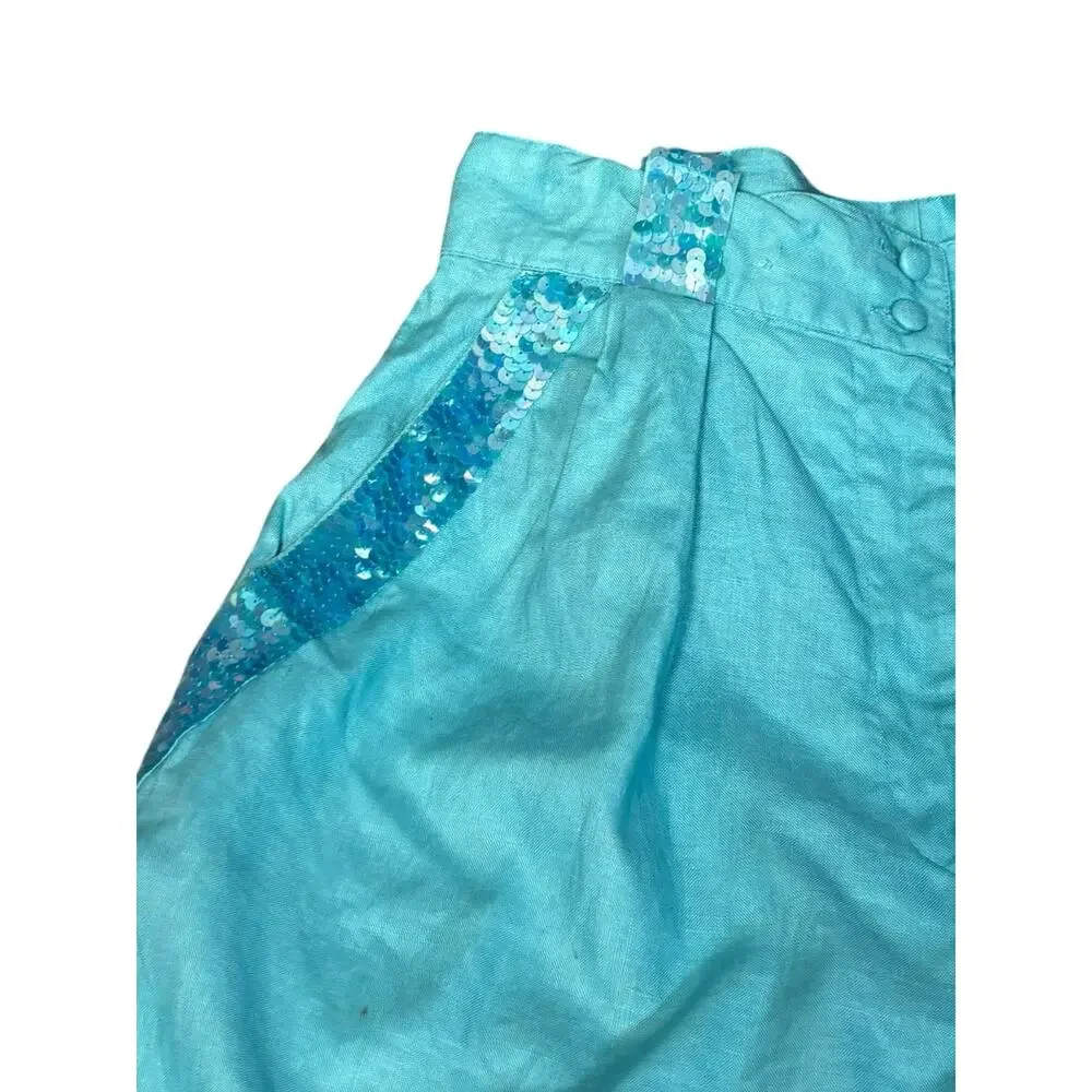 Vintage Aqua Linen Sequin Trim‎ Shorts High Waist Pleated Walking Shorts Mermaid